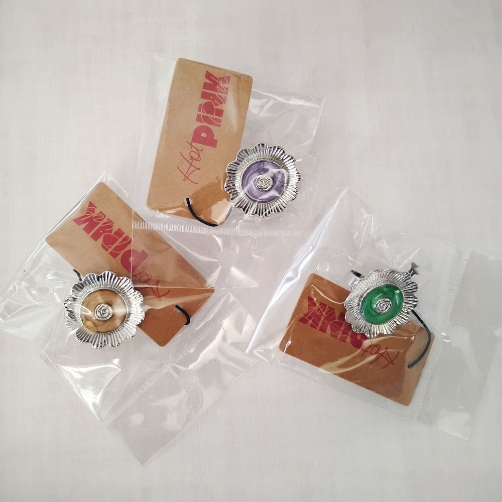 Silver Flower Ring with Colored Enamel Center - Green, Purple, or Tan Options